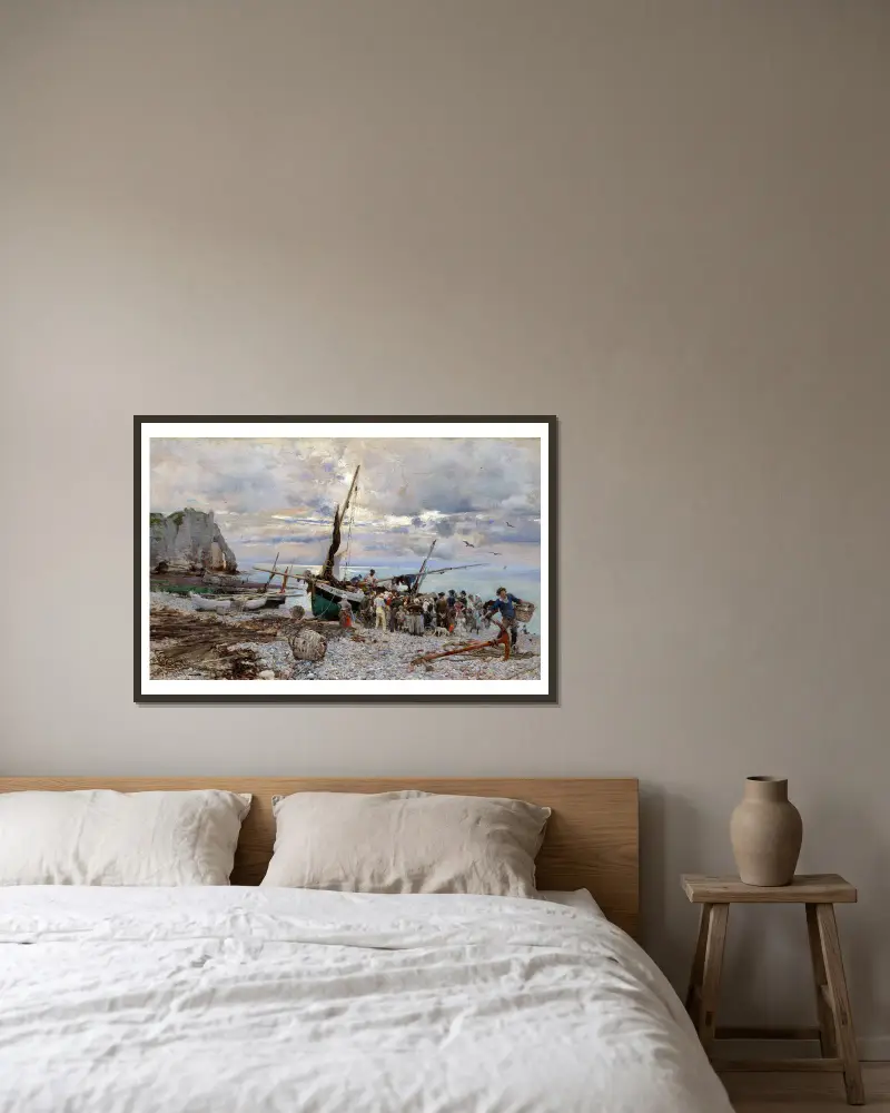 Fiskebåtarnas återkomst, Étretat av Giovanni Boldini inramad på en vägg
