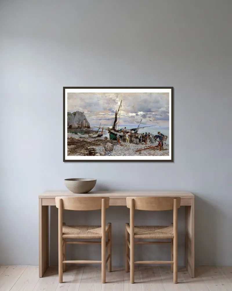 Fiskebåtarnas återkomst, Étretat av Giovanni Boldini inramad på en vägg