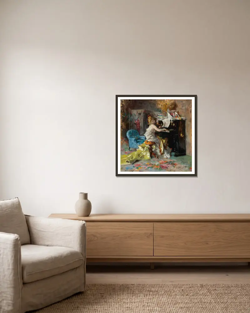 Dame am Klavier von Giovanni Boldini gerahmt an einer Wand