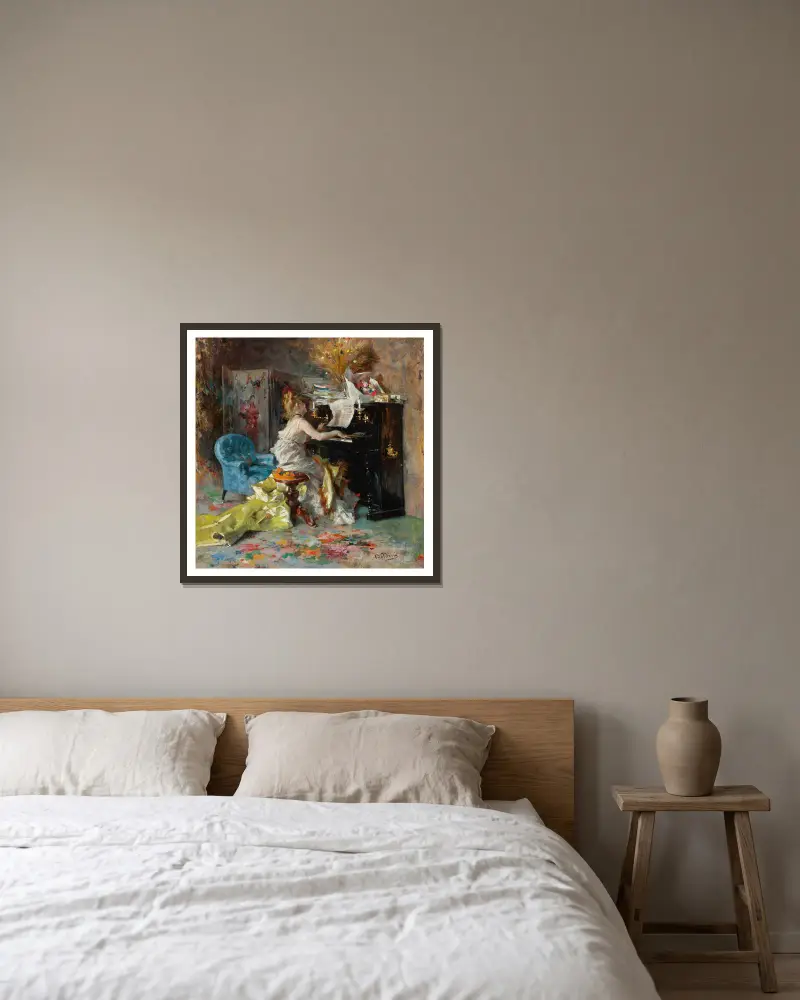 Dame am Klavier von Giovanni Boldini gerahmt an einer Wand