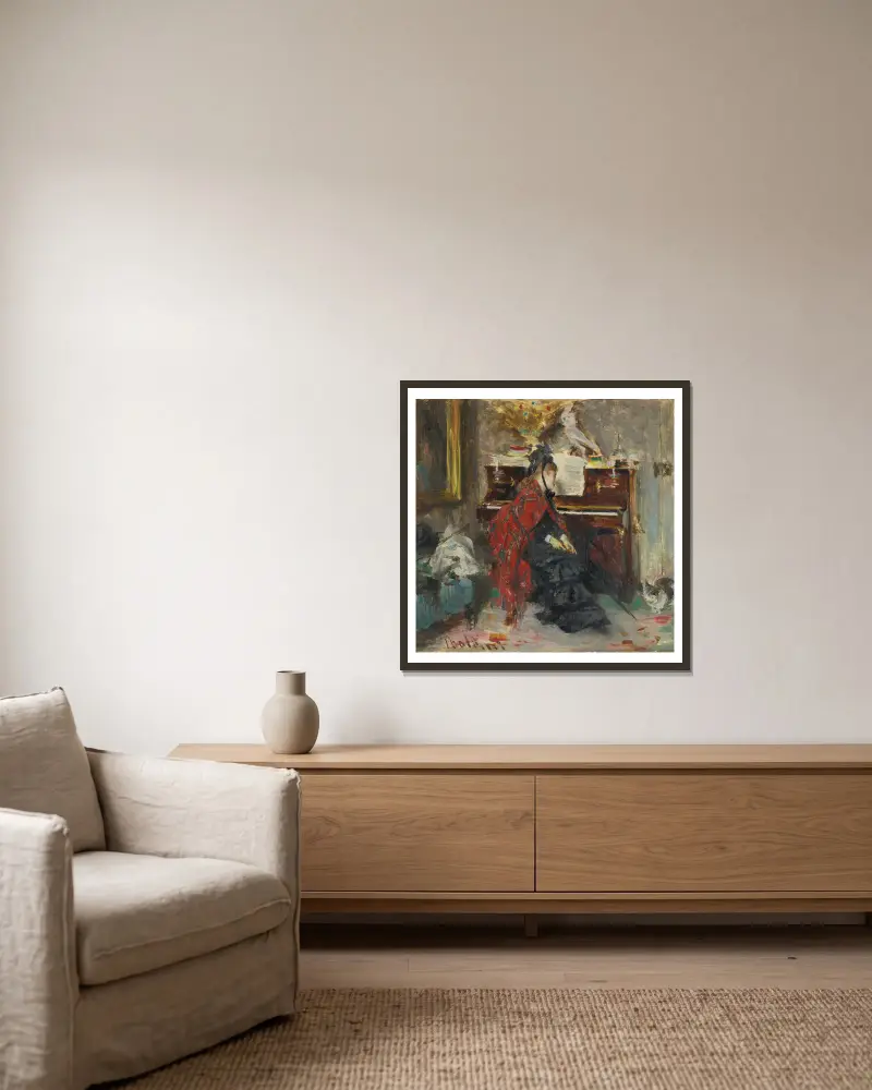 Kvinna vid pianot av Giovanni Boldini inramad på en vägg