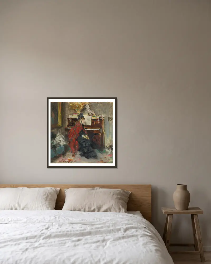 Kvinna vid pianot av Giovanni Boldini inramad på en vägg