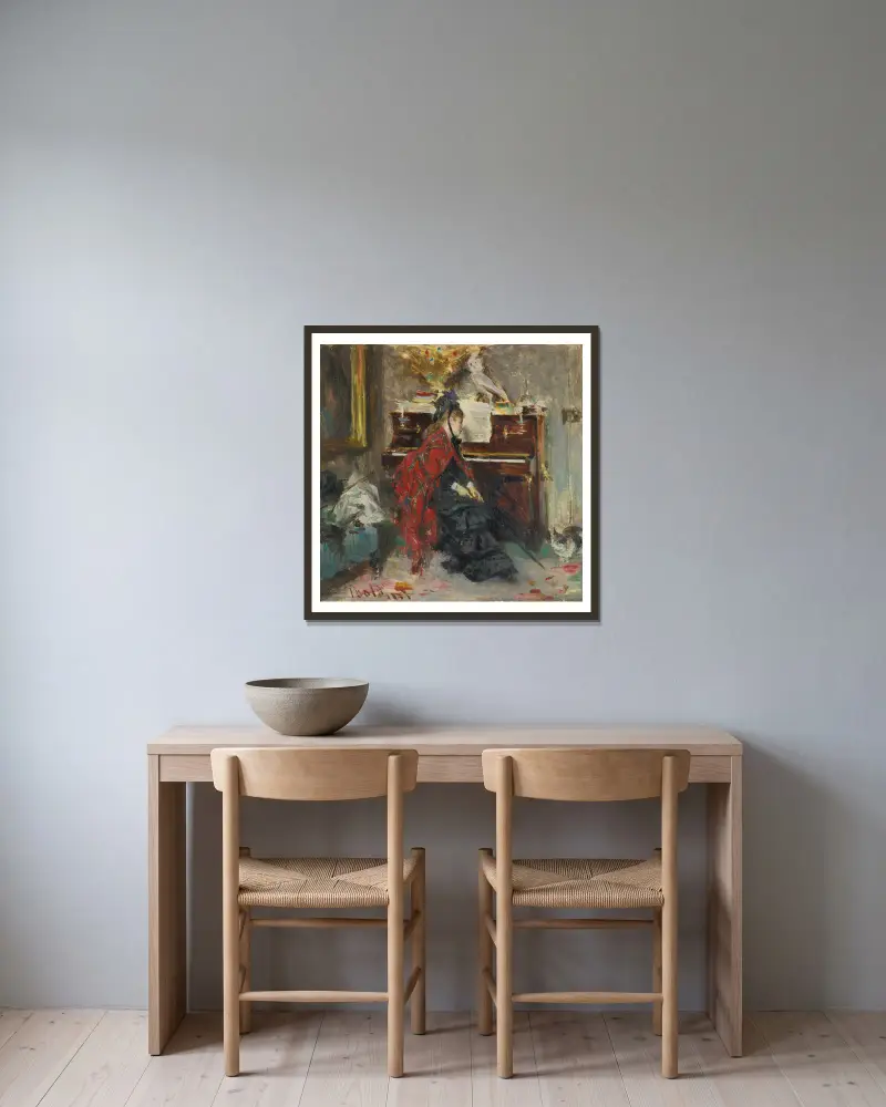 Kvinna vid pianot av Giovanni Boldini inramad på en vägg