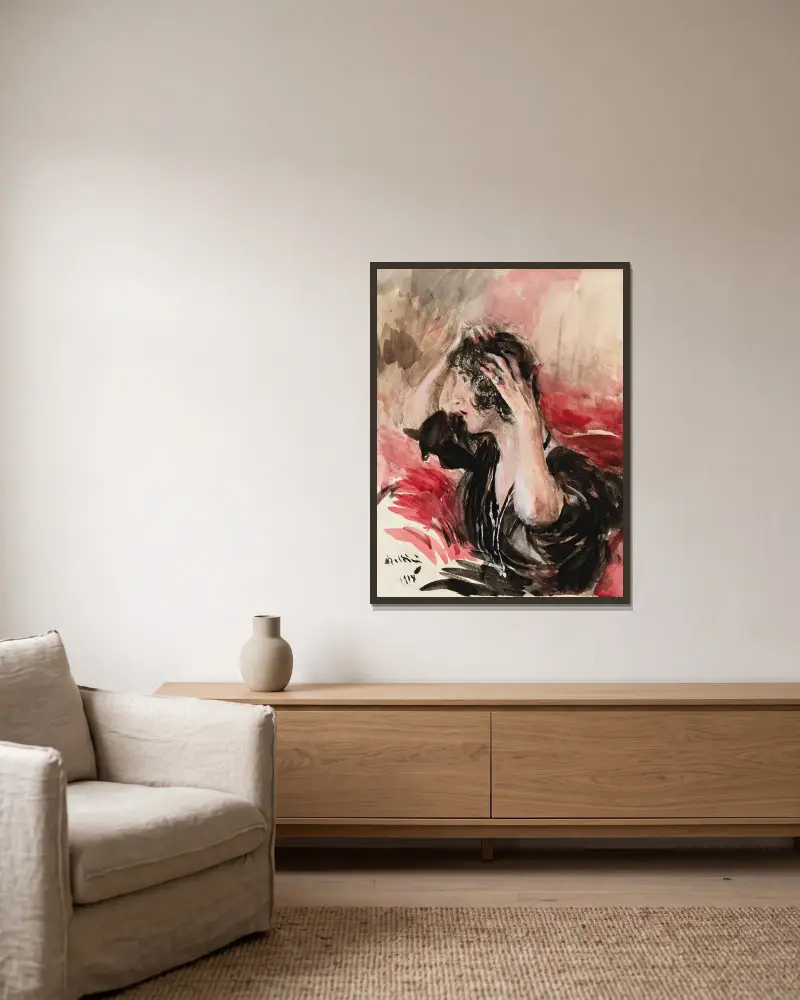 Kvinna som ordnar sitt hår av Giovanni Boldini inramad på en vägg