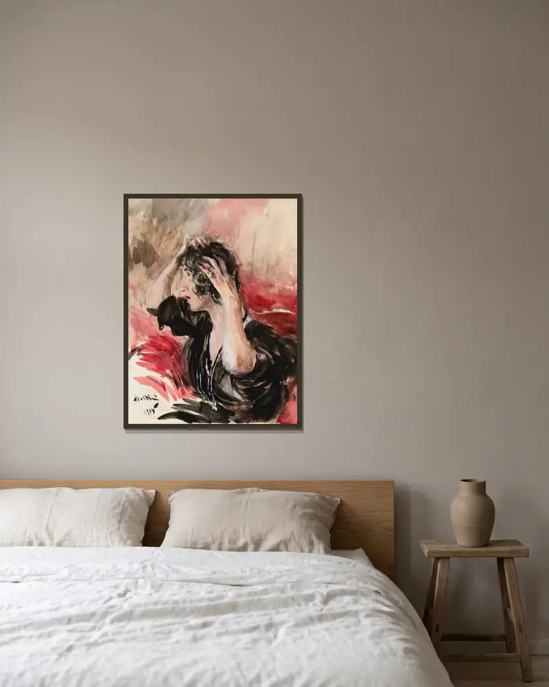 Kvinna som ordnar sitt hår av Giovanni Boldini inramad på en vägg