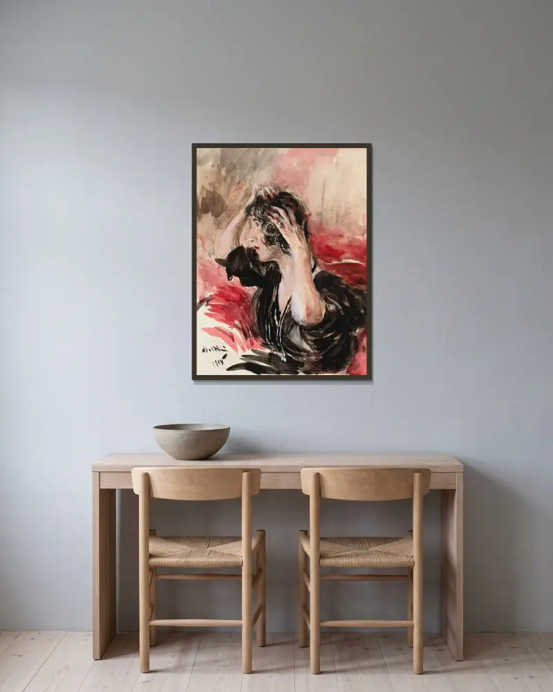 Kvinna som ordnar sitt hår av Giovanni Boldini inramad på en vägg