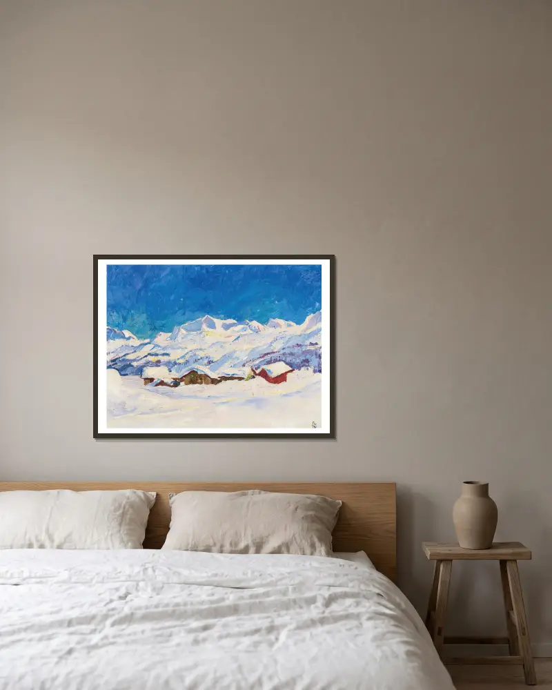Vinterlandskap nära Maloja av Giovanni Giacometti inramad på en vägg