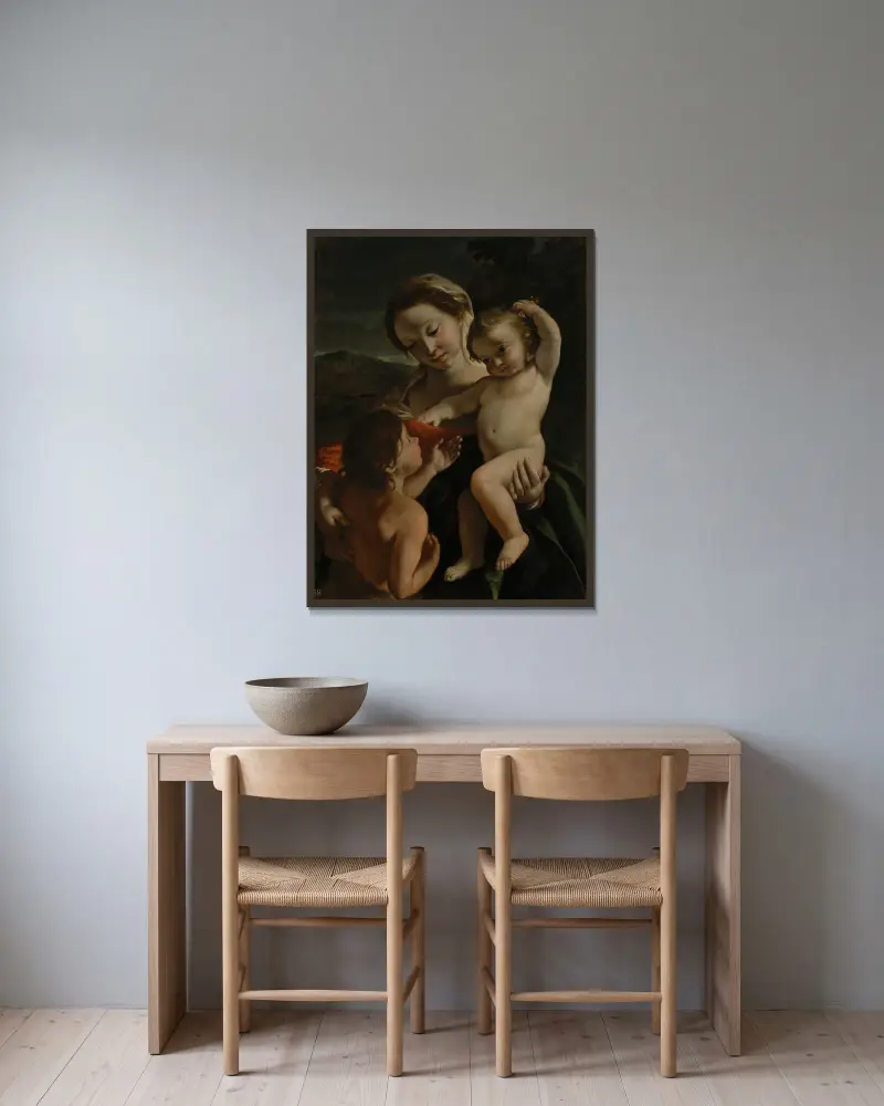Madonnan med barnet och Johannes Döparen som barn av Giovanni Lanfranco inramad på en vägg