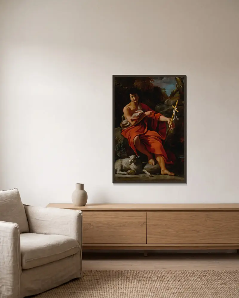 Johannes der Täufer in der Wüste von Giovanni Lanfranco gerahmt an einer Wand