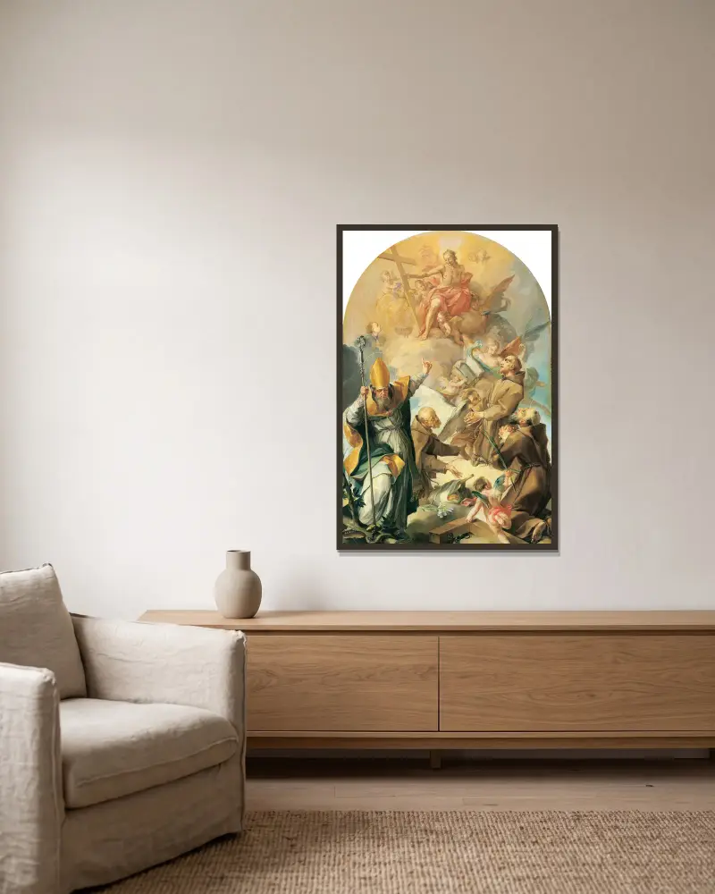 Tre kapucinhelgon och en biskop som tillber Kristus och korset av Giovanni Lanfranco inramad på en vägg