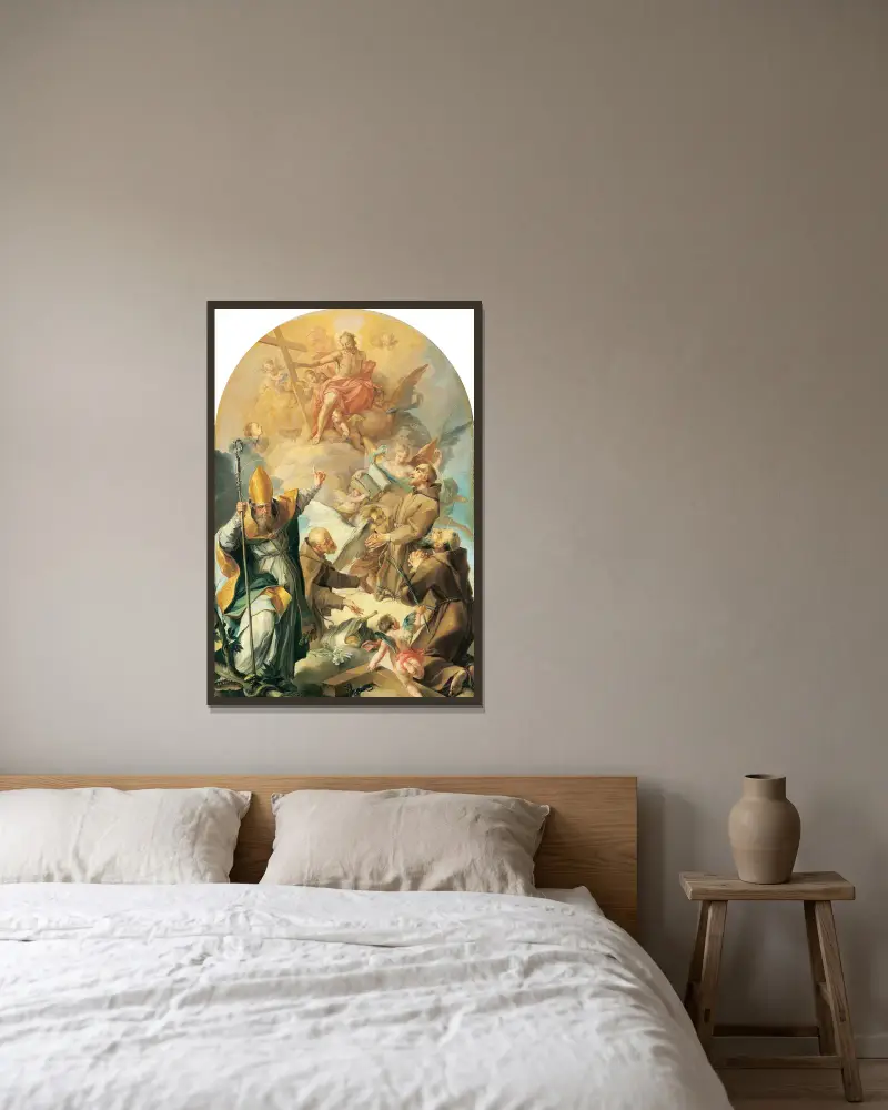 Tre kapucinhelgon och en biskop som tillber Kristus och korset av Giovanni Lanfranco inramad på en vägg