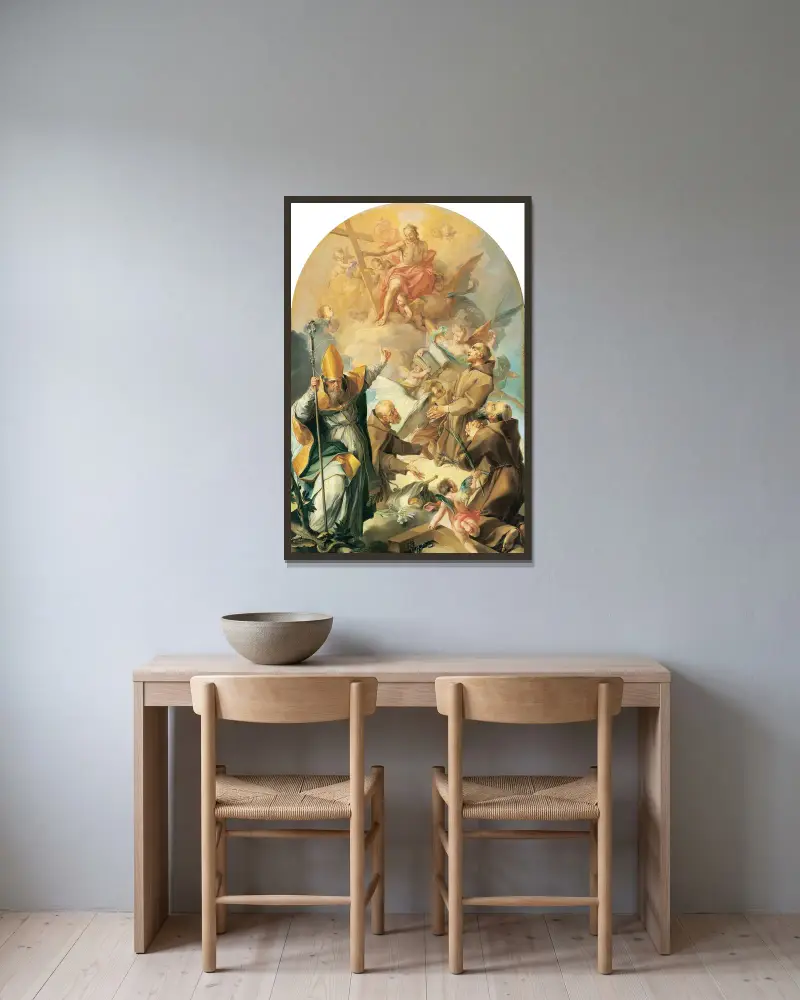 Tre kapucinhelgon och en biskop som tillber Kristus och korset av Giovanni Lanfranco inramad på en vägg