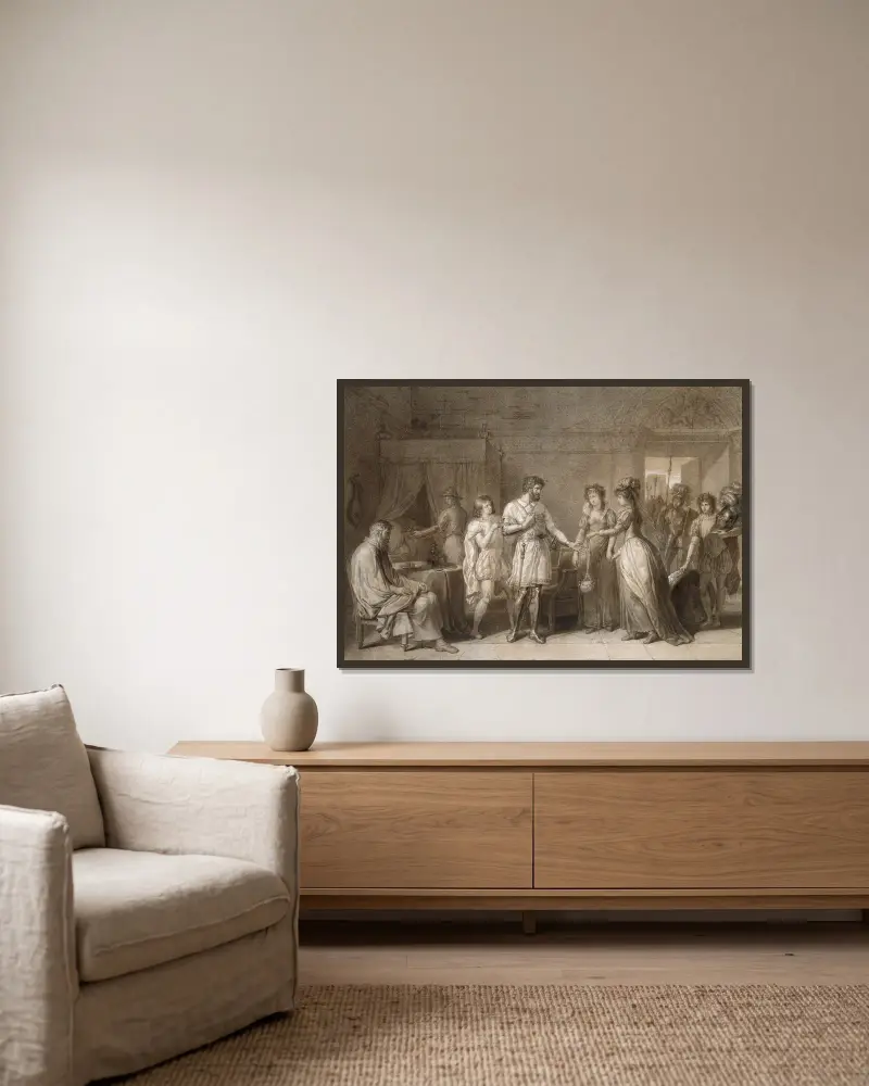 Bayard lehnt die Geschenke seiner Gastgeberin in Brescia ab von Anne Louis Girodet-Trioson gerahmt an einer Wand