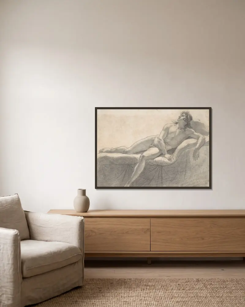 Liggande manlig akt på en divan av Anne Louis Girodet-Trioson inramad på en vägg