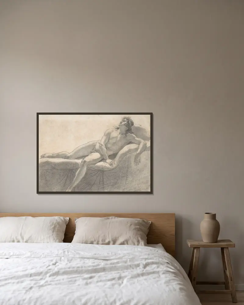 Liggande manlig akt på en divan av Anne Louis Girodet-Trioson inramad på en vägg