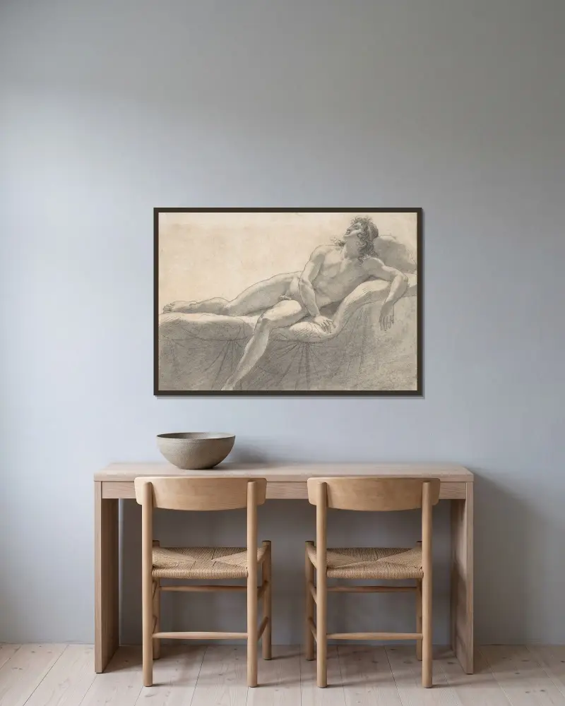 Liggande manlig akt på en divan av Anne Louis Girodet-Trioson inramad på en vägg