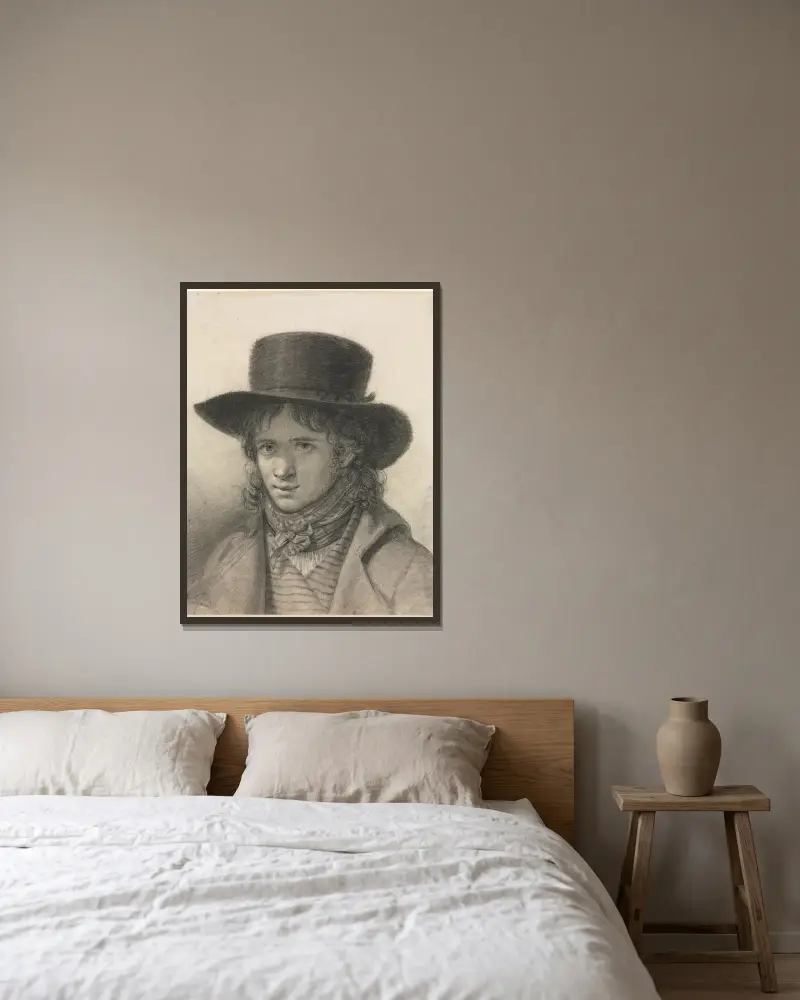 Self-Portrait in a Hat av Anne Louis Girodet-Trioson inramad på en vägg