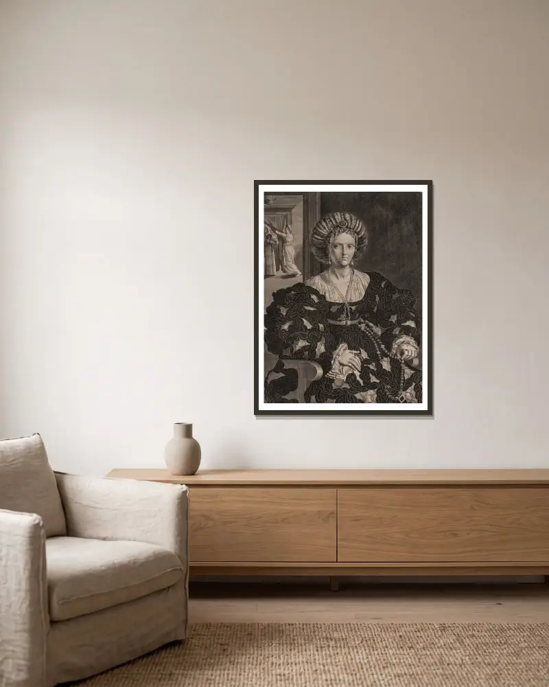 Isabella d’Este av Giulio Romano inramad på en vägg