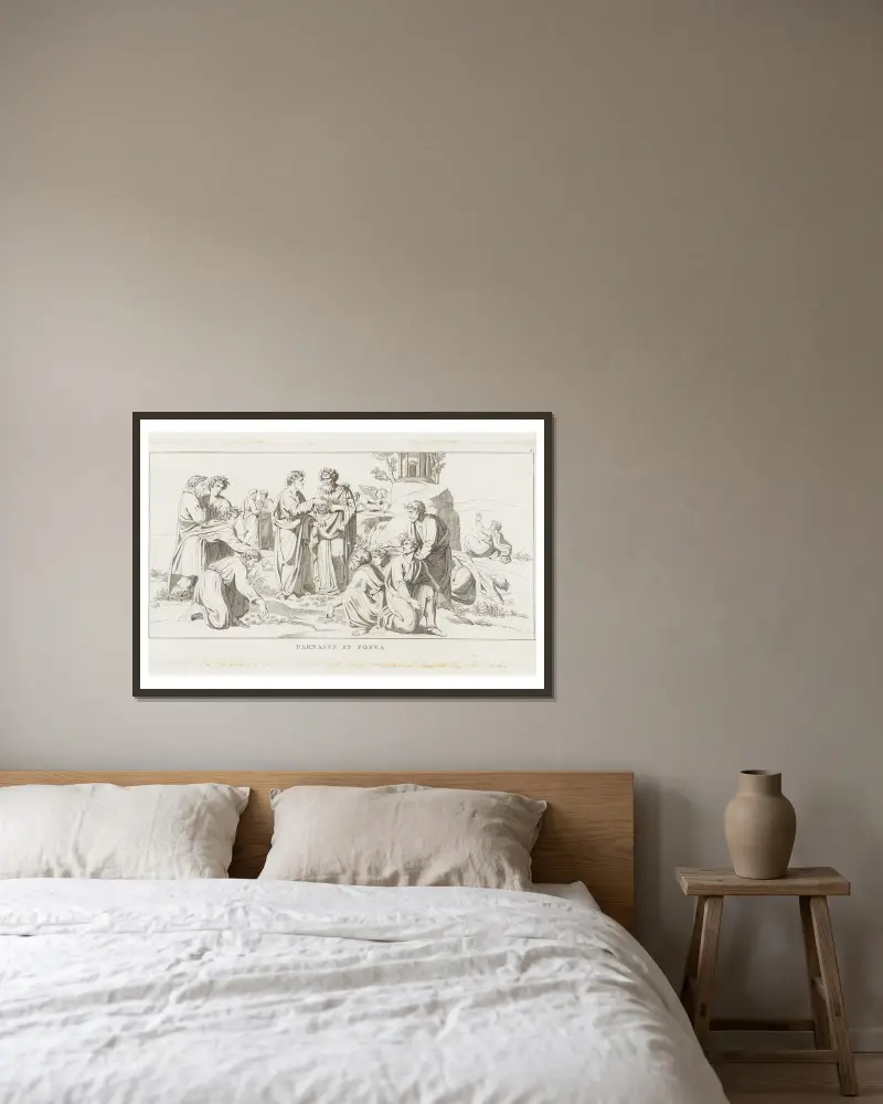Parnass und der Dichter von Giulio Romano gerahmt an einer Wand
