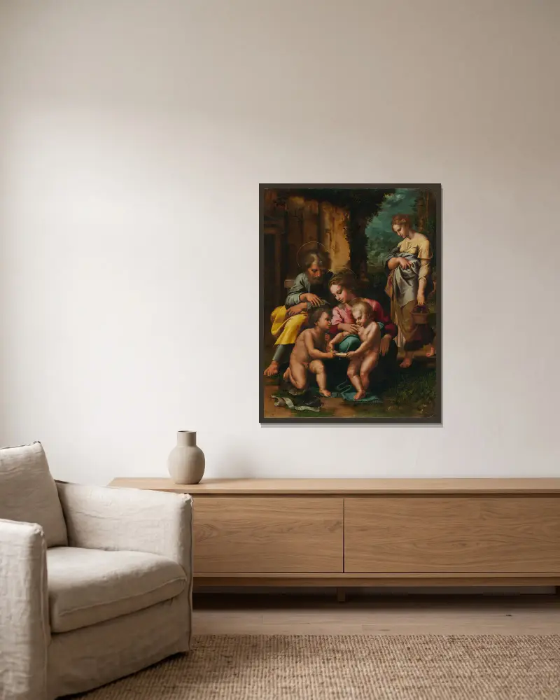The Holy Family av Giulio Romano inramad på en vägg