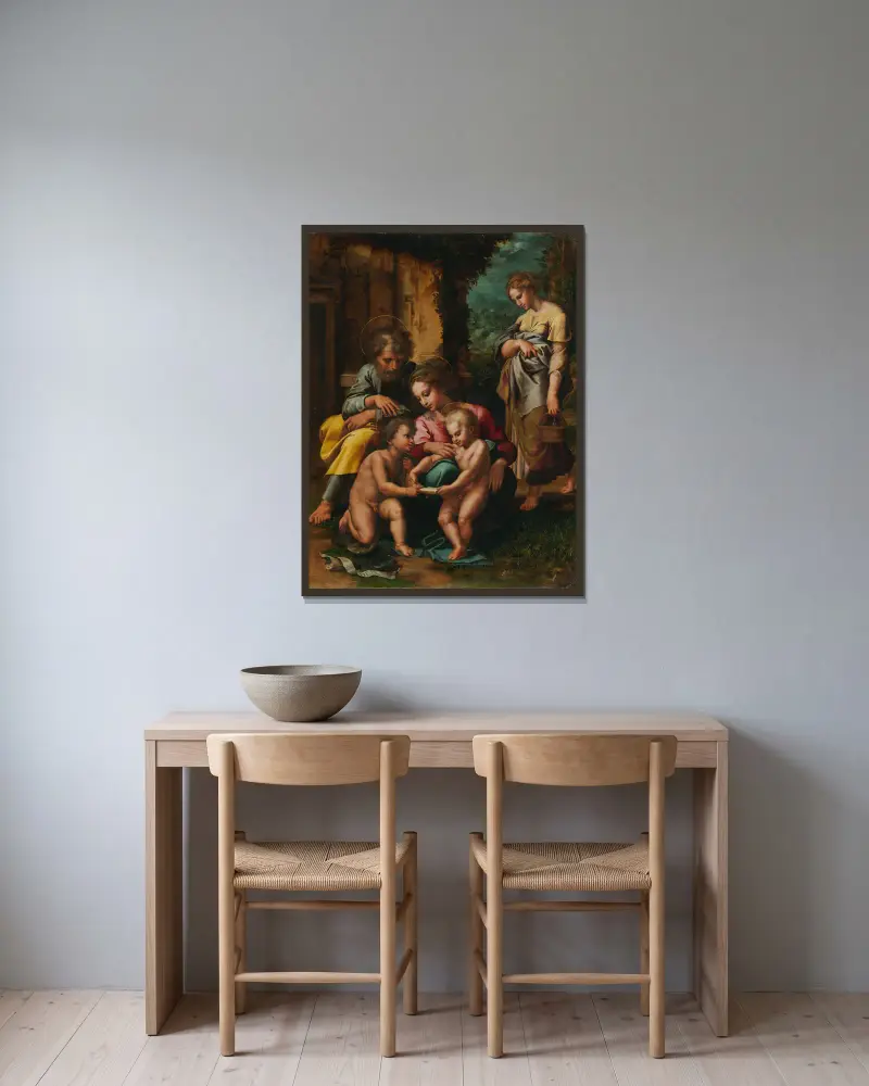 The Holy Family av Giulio Romano inramad på en vägg