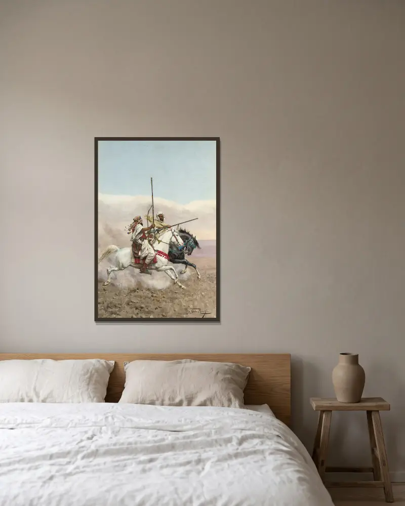 Two Arab Horsemen av Giulio Rosati inramad på en vägg
