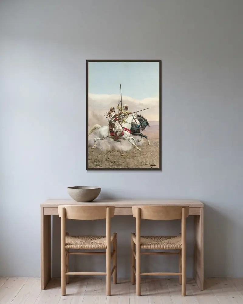 Two Arab Horsemen av Giulio Rosati inramad på en vägg