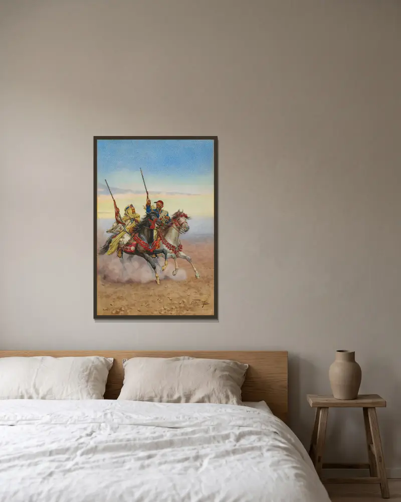 Two horsemen av Giulio Rosati inramad på en vägg