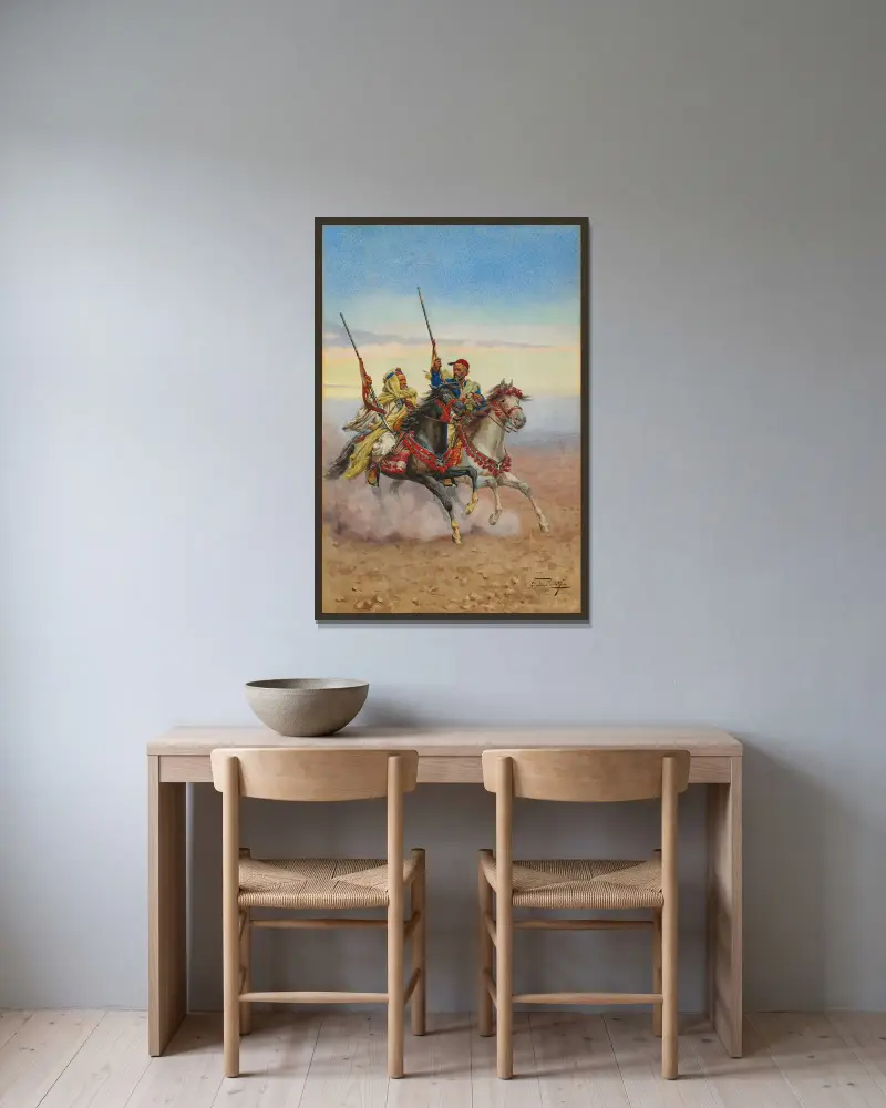 Two horsemen av Giulio Rosati inramad på en vägg