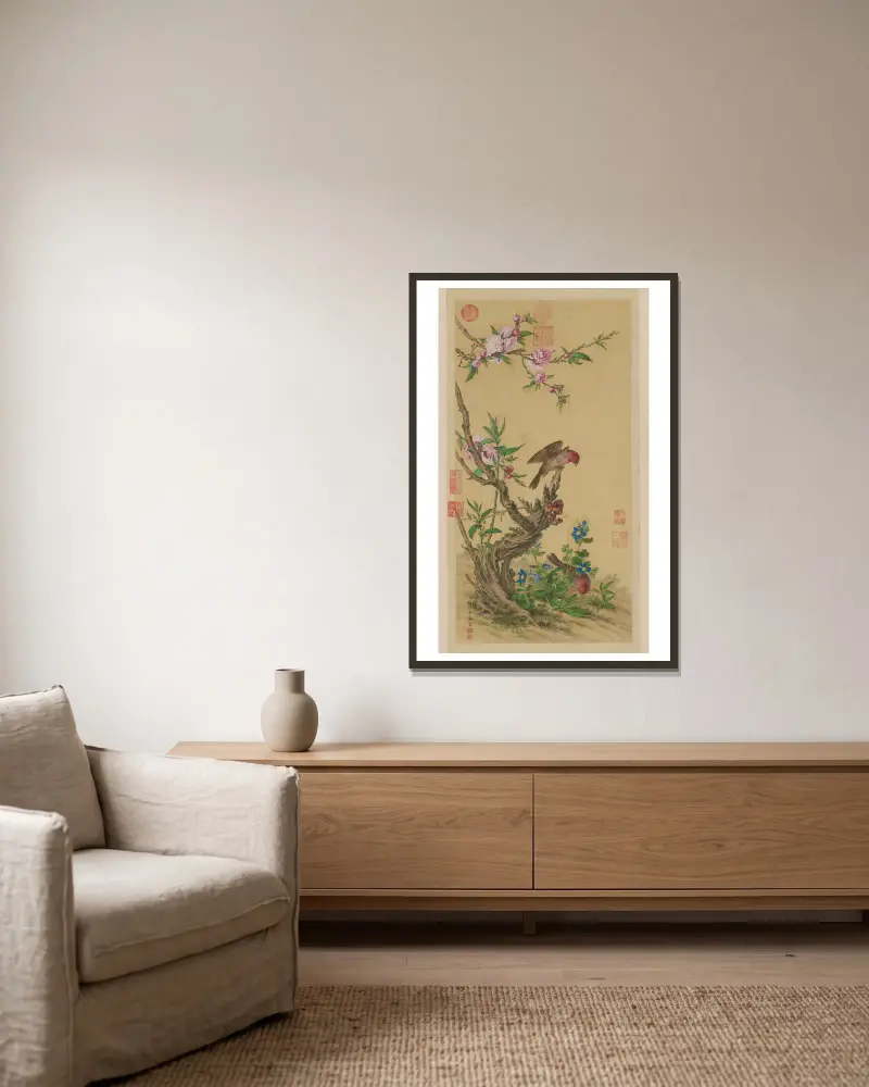 Blume und Vogelrolle von Giuseppe Castiglione gerahmt an einer Wand