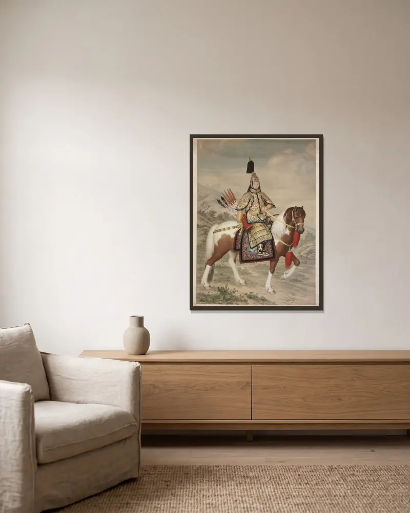 Der Qianlong-Kaiser in zeremonieller Rüstung zu Pferd, 1758 – Nr. 1 von Giuseppe Castiglione gerahmt an einer Wand