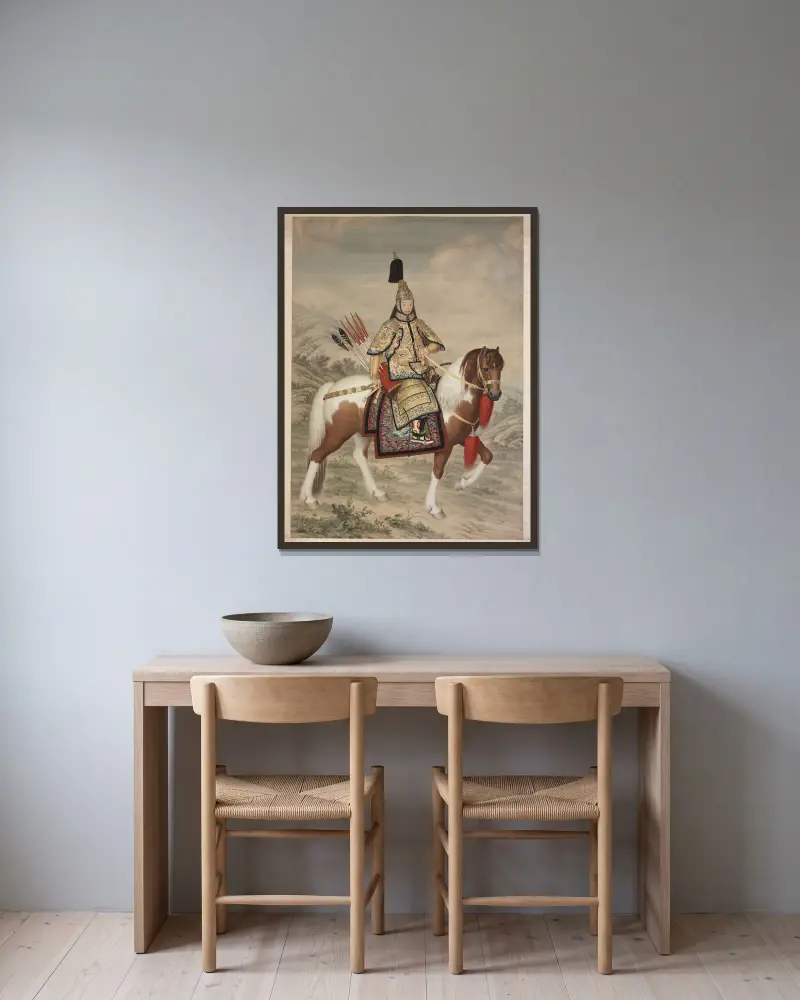 Der Qianlong-Kaiser in zeremonieller Rüstung zu Pferd, 1758 – Nr. 1 von Giuseppe Castiglione gerahmt an einer Wand