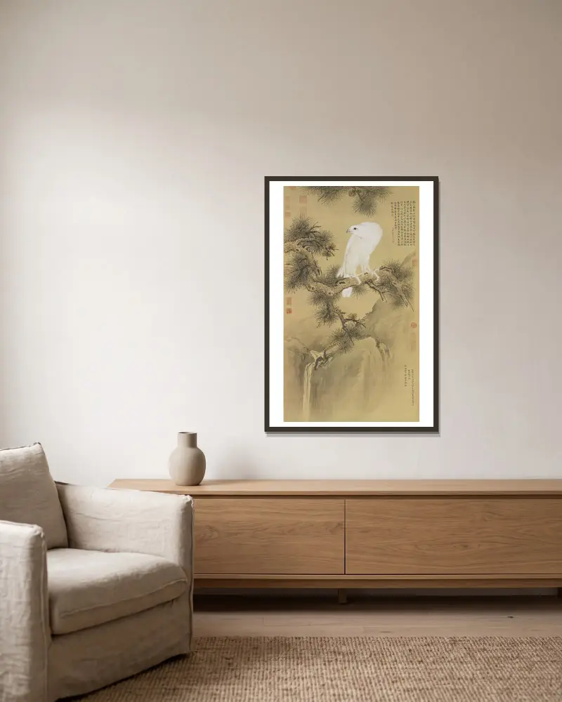 Weißer Greifvogel von Giuseppe Castiglione gerahmt an einer Wand