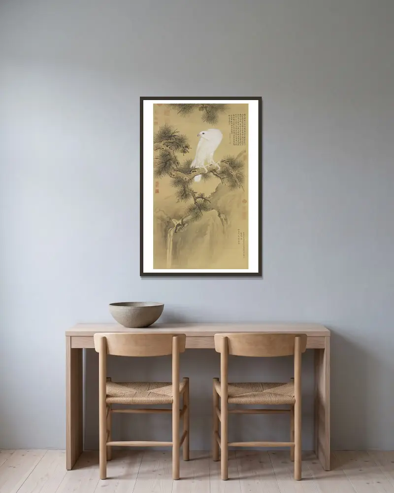 Weißer Greifvogel von Giuseppe Castiglione gerahmt an einer Wand