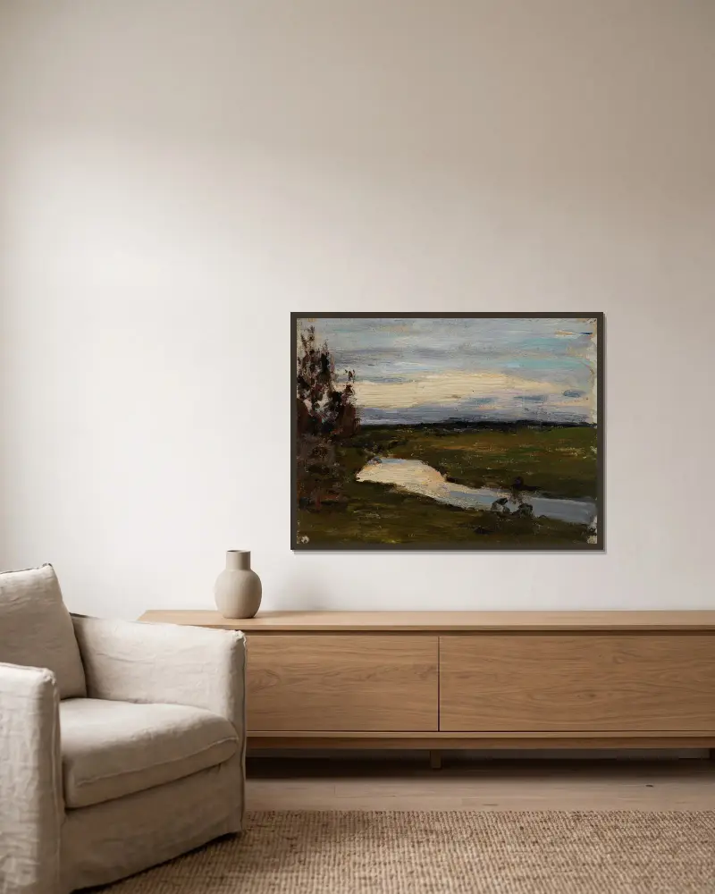 Ein Fluss in der hellen Nacht von Jan Ciągliński gerahmt an einer Wand