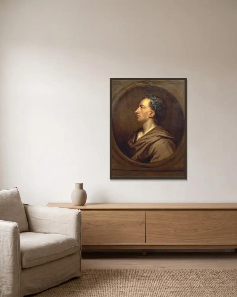 Alexander Pope im Profil, mit Efeu bekränzt von Sir Godfrey Kneller gerahmt an einer Wand