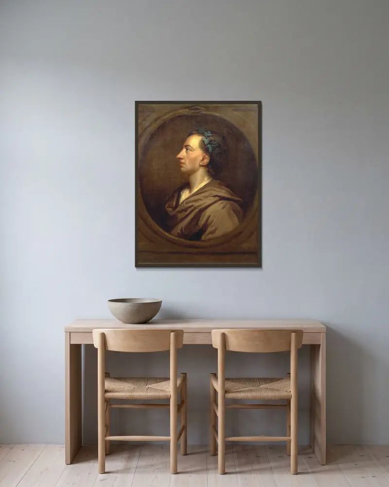Alexander Pope im Profil, mit Efeu bekränzt von Sir Godfrey Kneller gerahmt an einer Wand