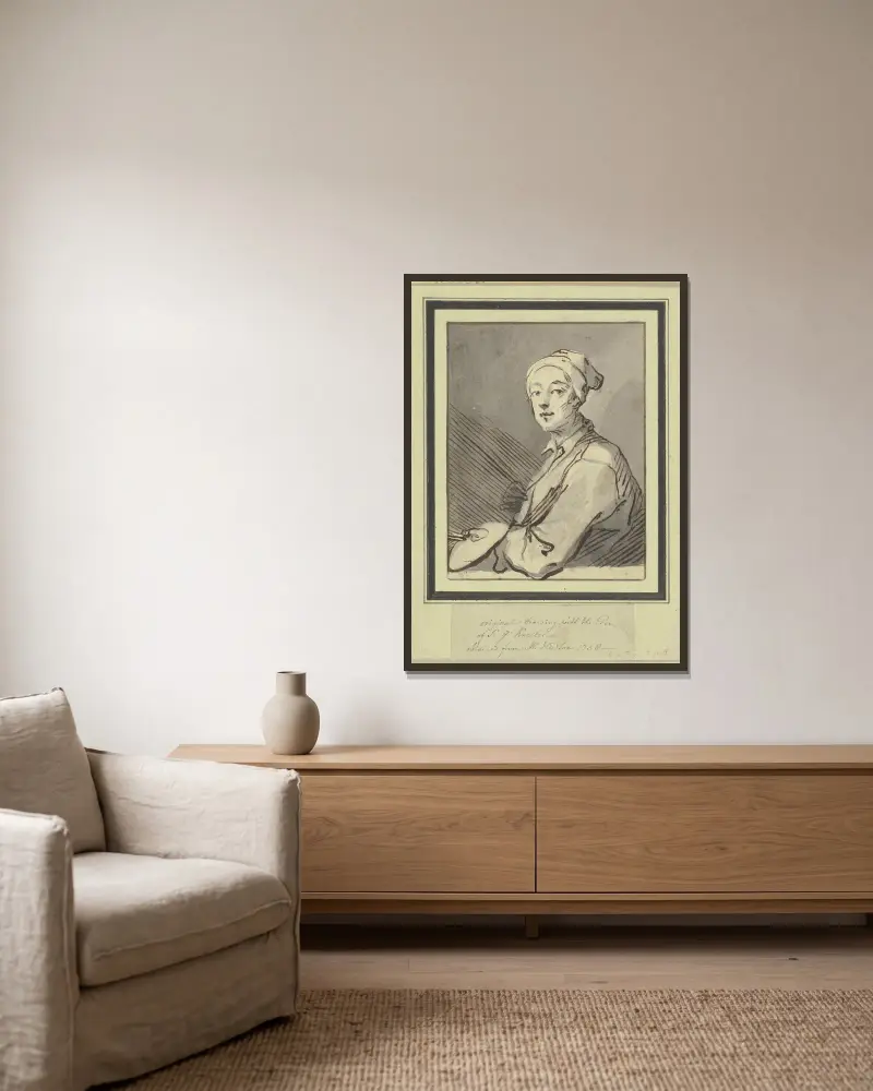 Porträtt av en målare med palett och nattmössa av Sir Godfrey Kneller inramad på en vägg