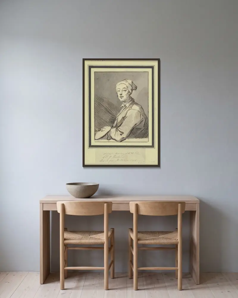 Porträtt av en målare med palett och nattmössa av Sir Godfrey Kneller inramad på en vägg