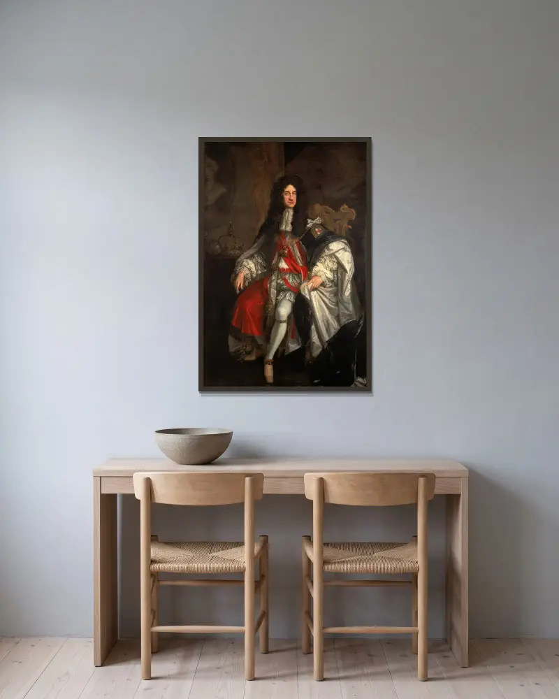 King Charles II av Sir Godfrey Kneller inramad på en vägg