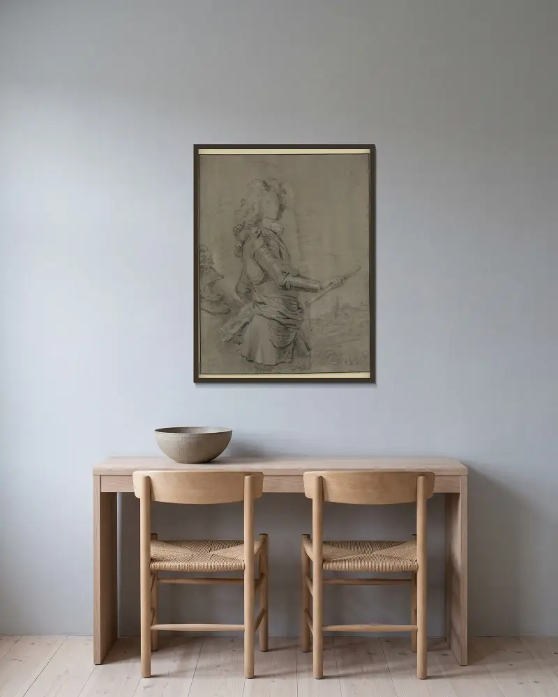 Knäfigurporträtt av en härförare i rustning med stav i höger hand, i bakgrunden ett landskap med en stad av Sir Godfrey Kneller inramad på en vägg