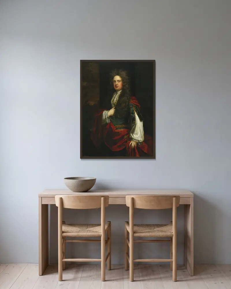 Porträtt av en herre i blått med röd mantel av Sir Godfrey Kneller inramad på en vägg