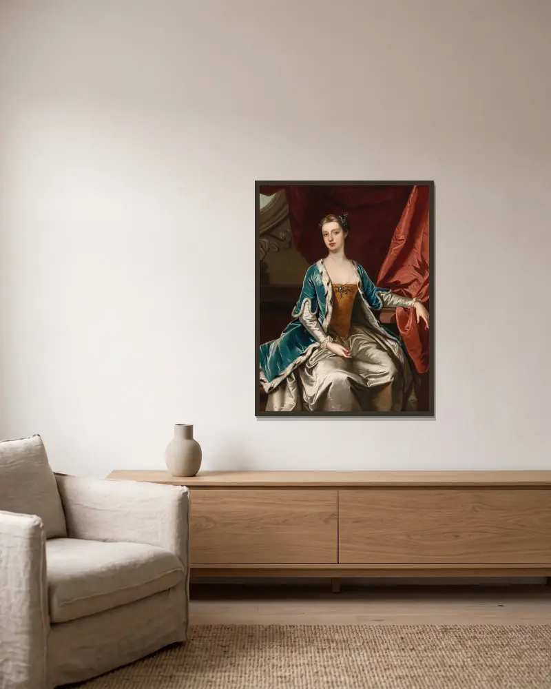 Porträt einer Dame, traditionell als Lady Mary Wortley Montagu identifiziert von Sir Godfrey Kneller gerahmt an einer Wand