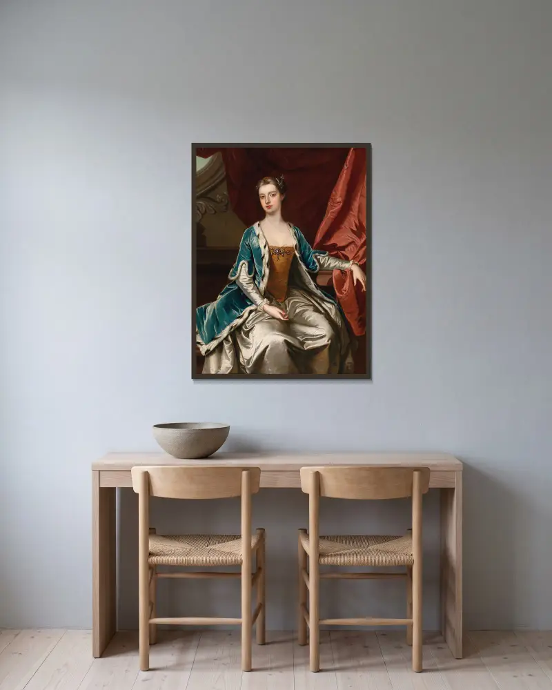 Porträt einer Dame, traditionell als Lady Mary Wortley Montagu identifiziert von Sir Godfrey Kneller gerahmt an einer Wand