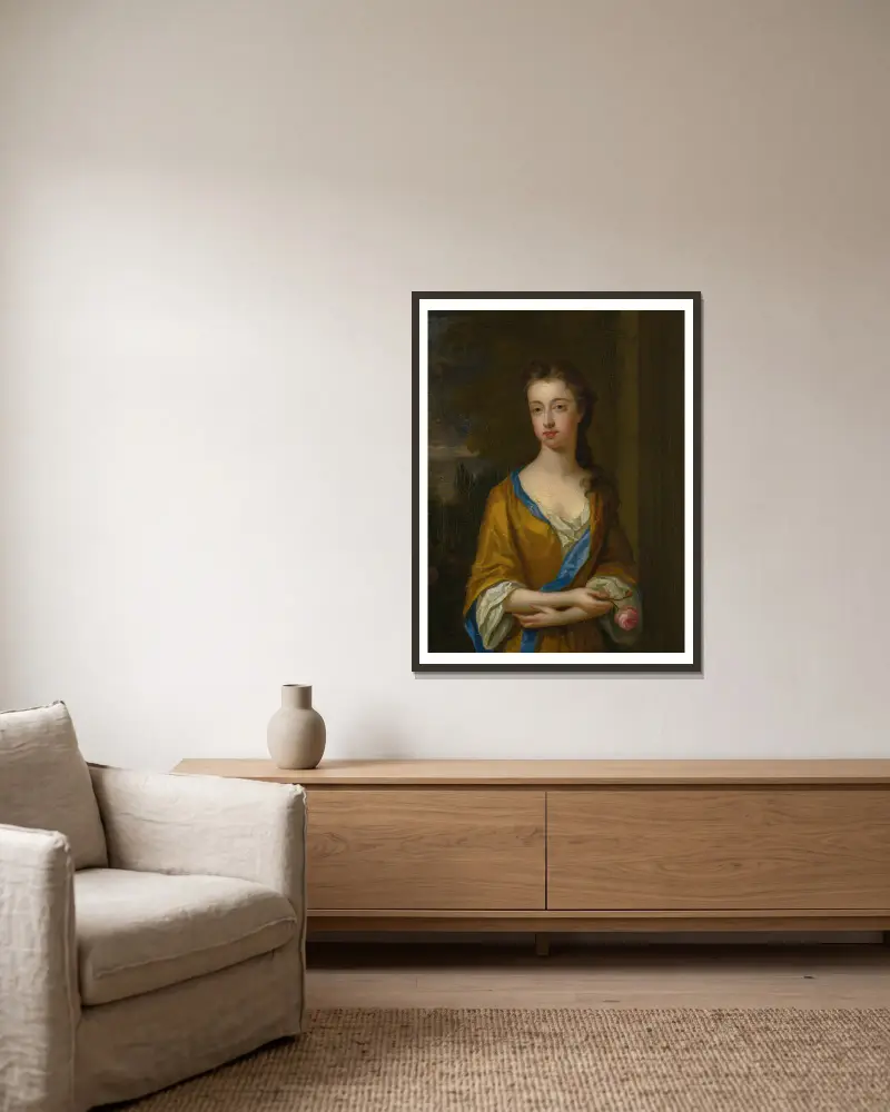 Porträtt av hertiginnan av Newcastle av Sir Godfrey Kneller inramad på en vägg