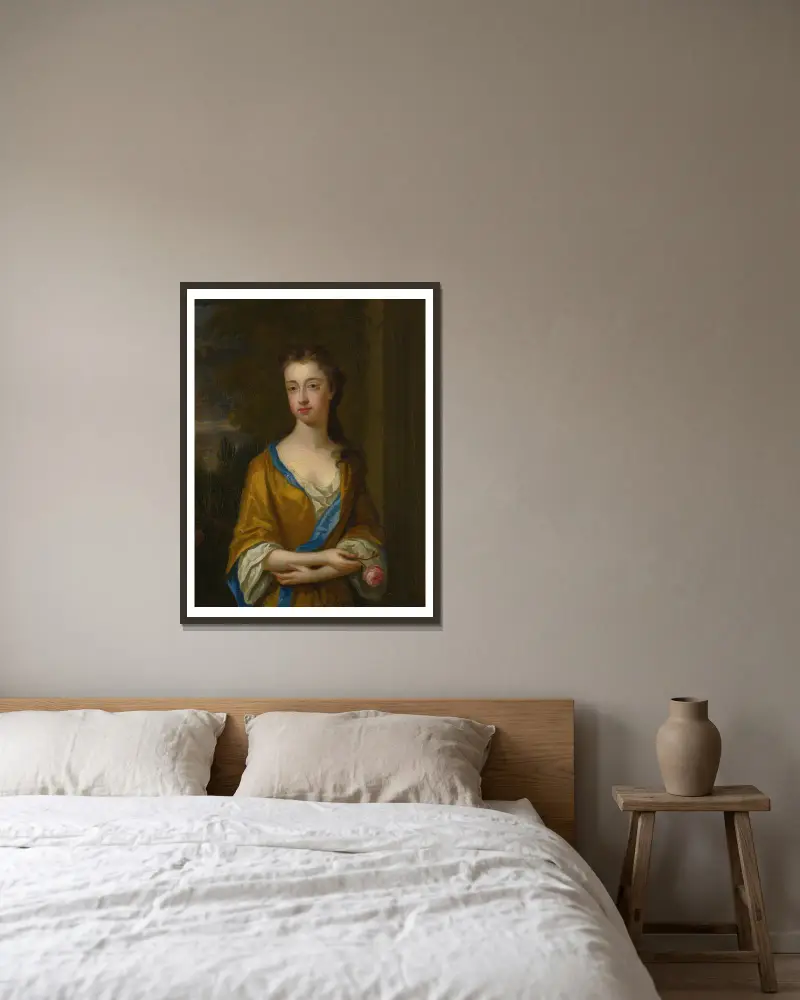 Porträtt av hertiginnan av Newcastle av Sir Godfrey Kneller inramad på en vägg