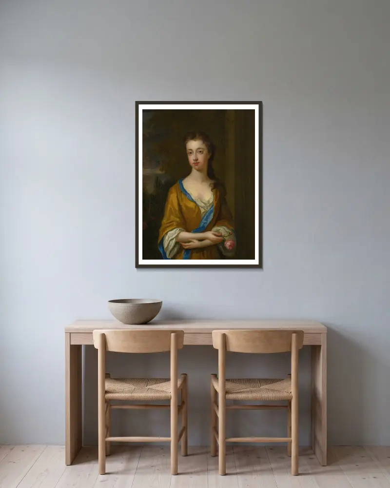 Porträtt av hertiginnan av Newcastle av Sir Godfrey Kneller inramad på en vägg