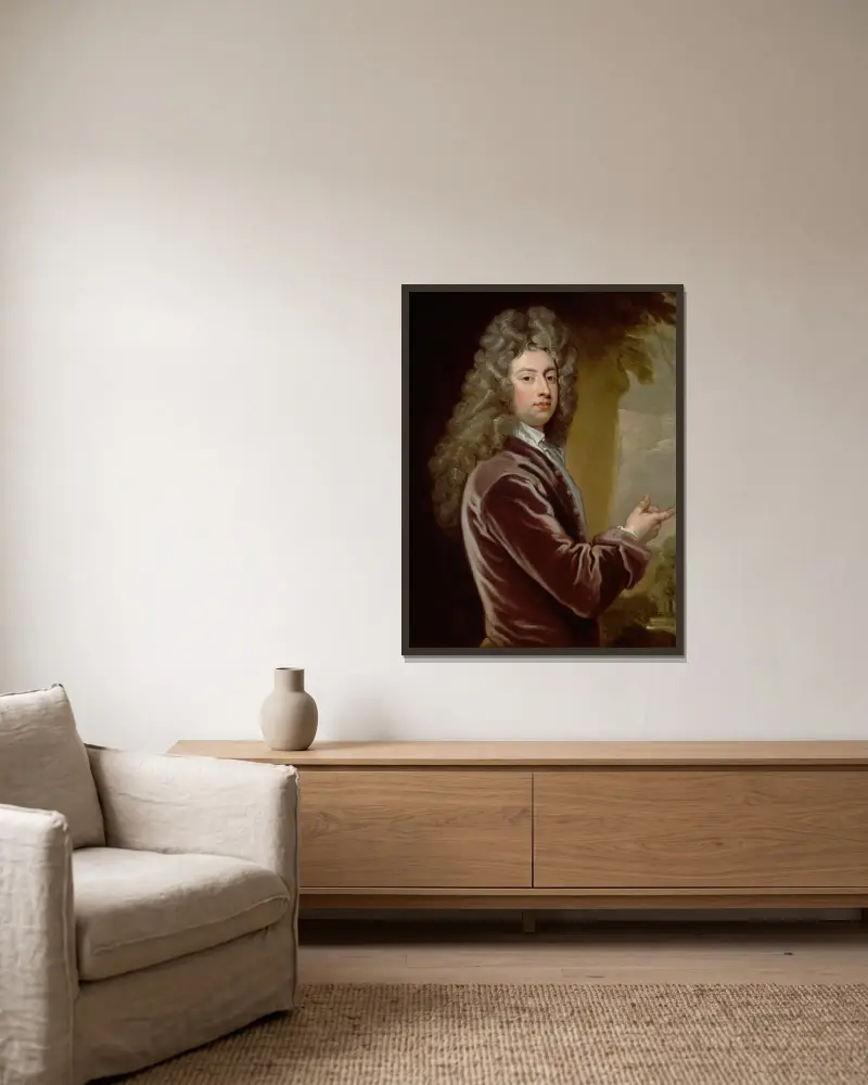 Porträt von William Congreve von Sir Godfrey Kneller gerahmt an einer Wand
