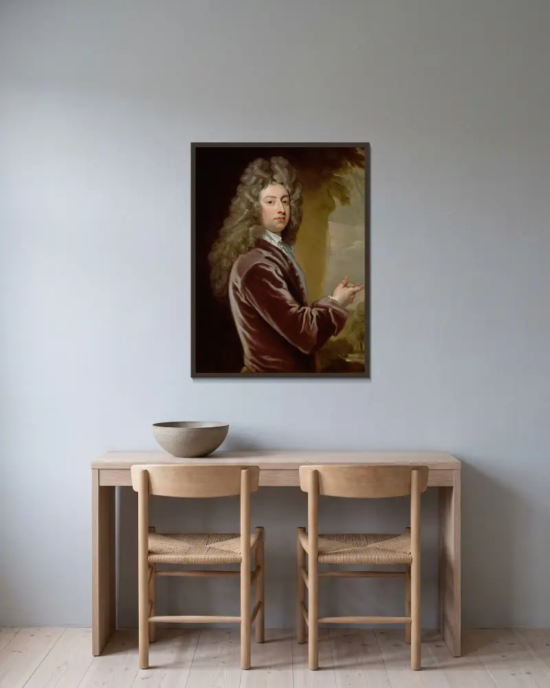 Porträt von William Congreve von Sir Godfrey Kneller gerahmt an einer Wand