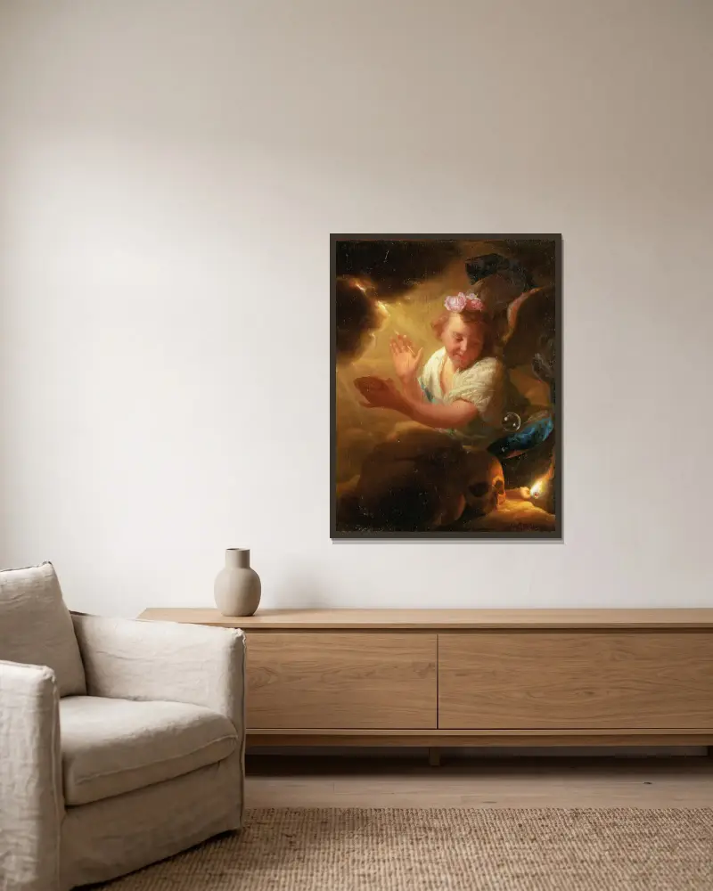 Allegori över människolivet av Godfried Schalcken inramad på en vägg